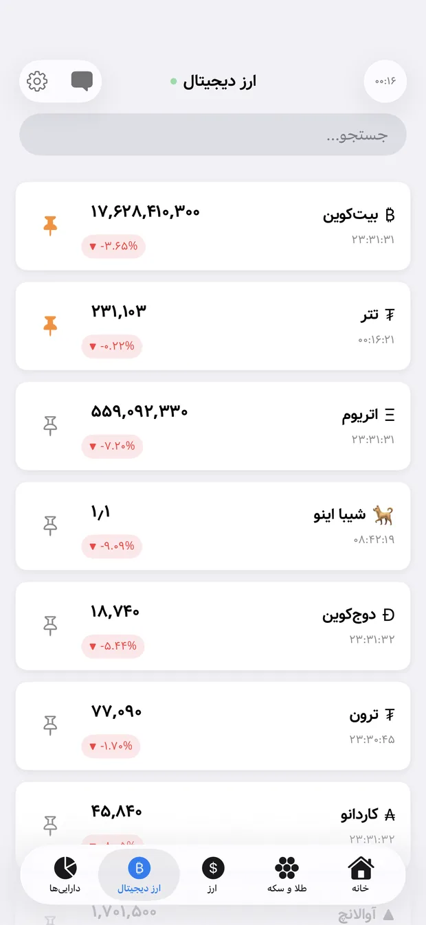 The crypto tab listing Bitcoin, Ethereum, Tether and other coins priced in local currency.