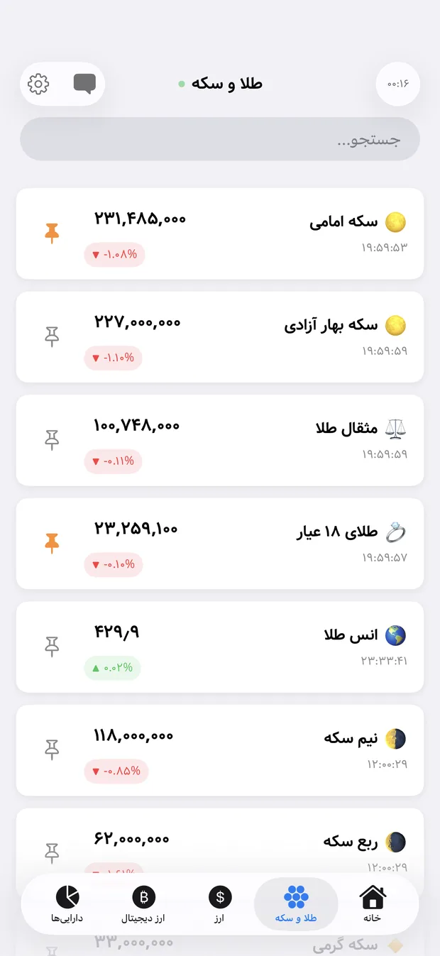 The gold and coins tab listing the Emami coin, Bahar Azadi coin, gold mithqal and 18-carat gold with live prices.