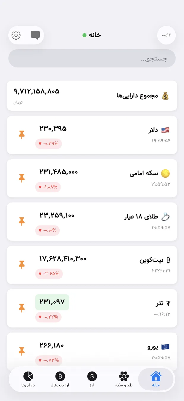 The Nerkh home screen showing pinned prices for the dollar, gold coin, 18-carat gold, Bitcoin, Tether and the euro.